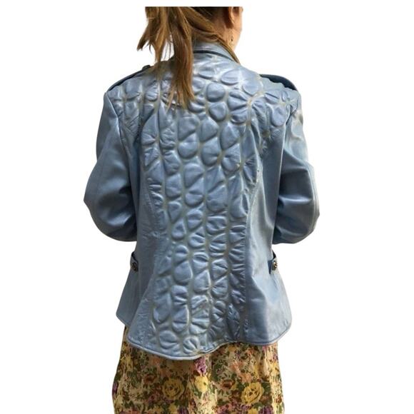 90s Kaptain Celebrity Design Blue Bubble Leather Moto Jacket Quilted - Picture 5 of 7
